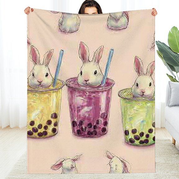 RKSupls Christmas Throw Blanket, Cute Rabbit Bubble Tea Soft Flannel Blanket, Fuzzy Warm Cozy Happy New Year Blanket for Couch Bed Home Decor, 30*40in