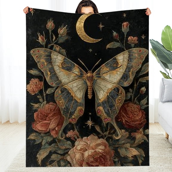 RKSupls Christmas Throw Blanket, Gothic Moth Rose Soft Flannel Blanket, Fuzzy Warm Cozy Happy New Year Blanket for Couch Bed Home Decor, 30*40in