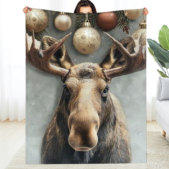 RKSupls Christmas Throw Blanket, Moose Christmas Closeup Soft Flannel Blanket, Fuzzy Warm Cozy Happy New Year Blanket for Couch Bed Home Decor, 60*80in