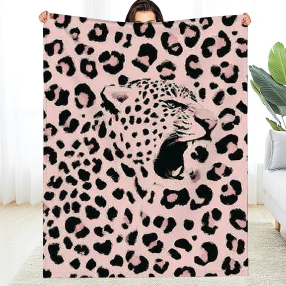 RKSupls Christmas Throw Blanket, Pink Leopard Sign Soft Flannel Blanket, Fuzzy Warm Cozy Happy New Year Blanket for Couch Bed Home Decor, 30*40in