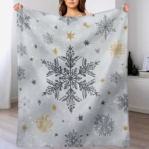 RKSupls Christmas Throw Blanket,Soft Flannel Golden Gray Snowflake Blanket,Fuzzy Warm Cozy Winter Blanket for Couch Bed Home Decor,50x60 in