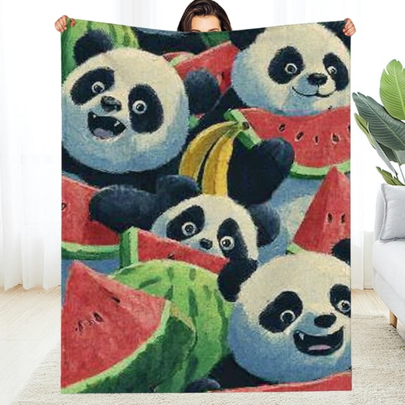 RKSupls Christmas Throw Blanket, Watermelon Panda Party Soft Flannel Blanket, Fuzzy Warm Cozy Happy New Year Blanket for Couch Bed Home Decor, 30*40in