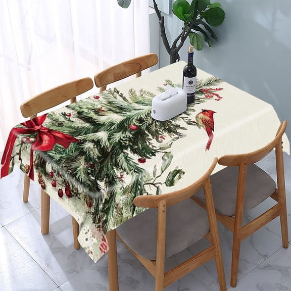RKSupls Christmas Tree Cardinal Rectangle Dining Tablecloth, Washable Wipeable Stain & Wrinkle Resistant Polyester Tablecloth for Kitchen Picnic Party