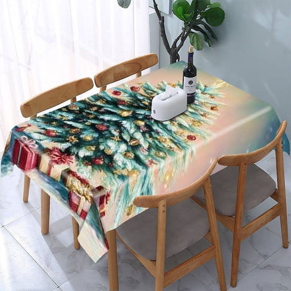 RKSupls Christmas Tree Gifts Rectangle Dining Tablecloth, Washable Wipeable Stain & Wrinkle Resistant Polyester Tablecloth for Kitchen Picnic Party