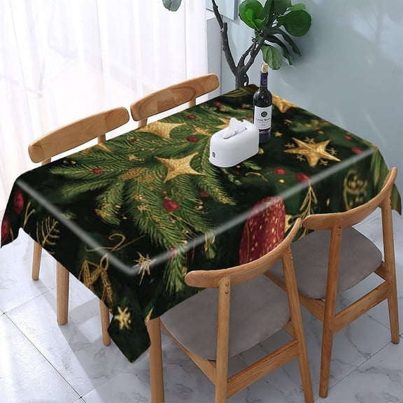 RKSupls Christmas Tree Gold Stars Rectangle Dining Tablecloth, Washable Wipeable Stain & Wrinkle Resistant Polyester Tablecloth for Kitchen Picnic Party