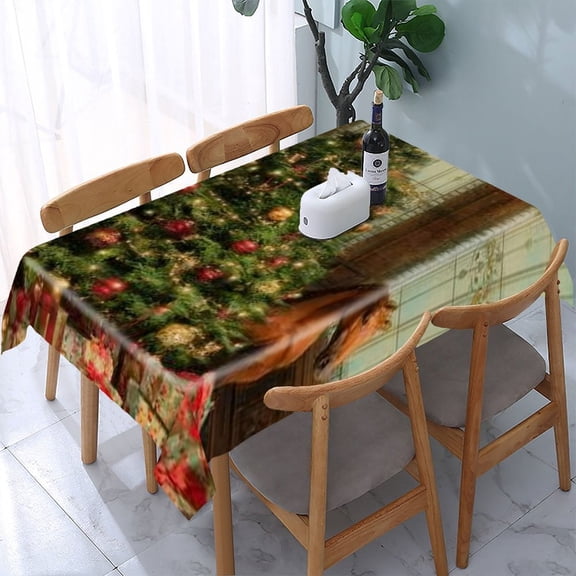 RKSupls Christmas Tree Horse Gifts Rectangle Dining Tablecloth, Washable Wipeable Stain & Wrinkle Resistant Polyester Tablecloth for Kitchen Picnic Party