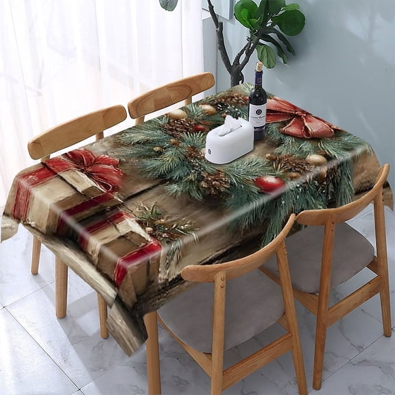 RKSupls Christmas Wreath Gifts Rectangle Dining Tablecloth, Washable Wipeable Stain & Wrinkle Resistant Polyester Tablecloth for Kitchen Picnic Party