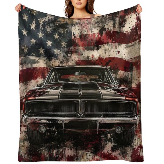 RKSupls Classic Muscle Car Grunge Flag Soft Flannel Throw Blanket, Lightweight Fuzzy Warm Cozy Blanket for Couch Bed Home Travel Decor