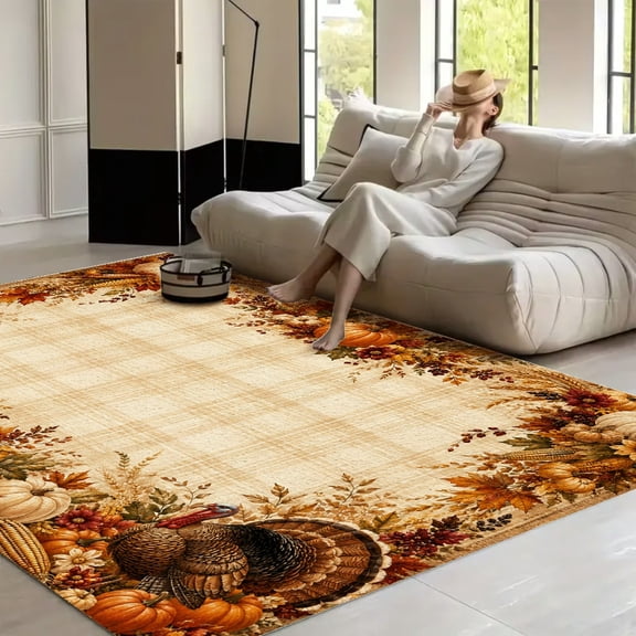 RKSupls Classic Turkey Wood Gingham Harvest Soft Fluffy Velvet Area Rug for Living Room Bedroom, Non-Slip Washable Carpet, Modern Minimalist Home Decor Floor Mat