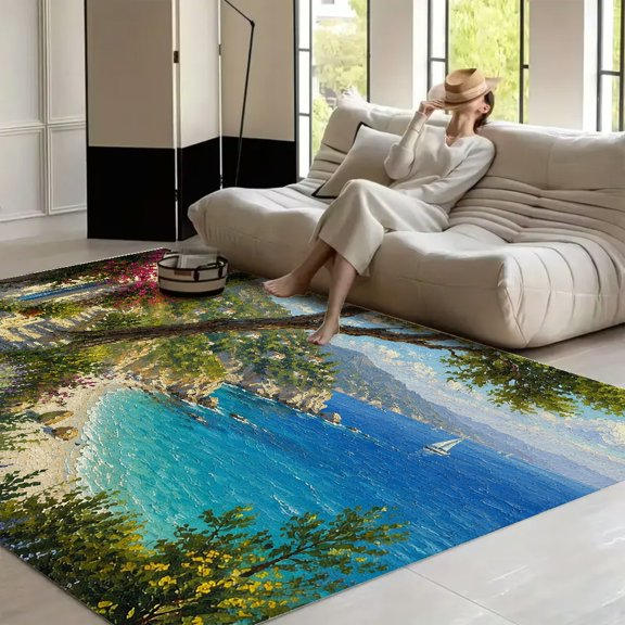 RKSupls Coastal Stone Path Beach Flowers Soft Fluffy Velvet Area Rug for Living Room Bedroom, Non-Slip Washable Carpet, Chic Minimalist Home Decor