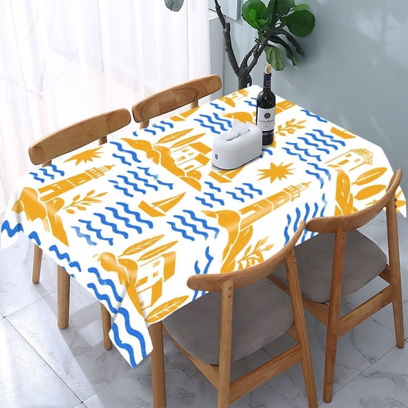 RKSupls Coastal Village Stamp Pattern Rectangle Dining Tablecloth, Washable Wipeable Stain & Wrinkle Resistant Polyester Tablecloth for Kitchen Picnic Party