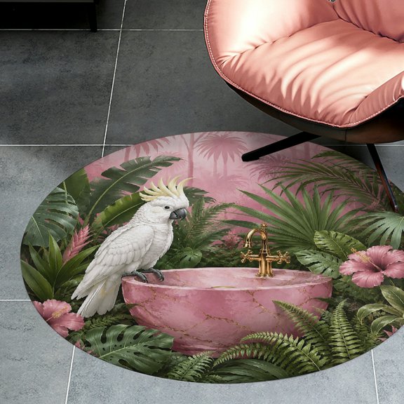 RKSupls Cockatoo Pink Basin Tropical Ferns  Round Flannel Floor Mat, Soft Non-Slip Washable Rug  suitable for Living Room Bedroom Study, Decorative Floor Rug