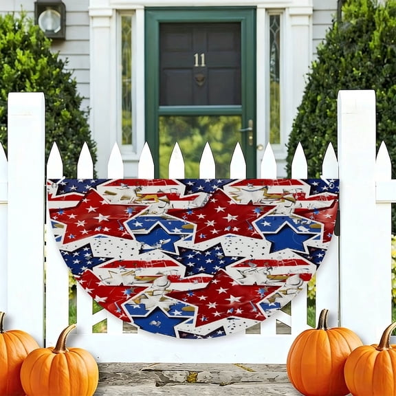 RKSupls Collage Stars Stripes Americana Patriotic Half Round American Flag Banner 1776-2026, USA Independence Day Fence Porch Hanging Decor