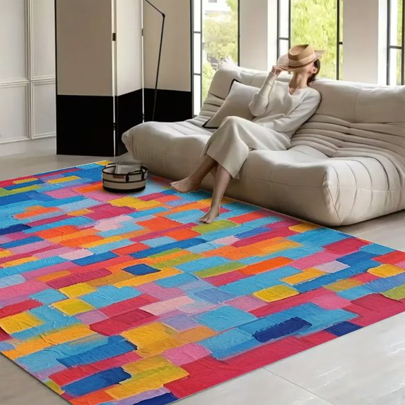 RKSupls 4x3ft Colorful Block Grid Abstract Soft Fluffy Velvet Area Rug for Living Room Bedroom, Non-Slip Washable Carpet, Chic Minimalist Home Decor