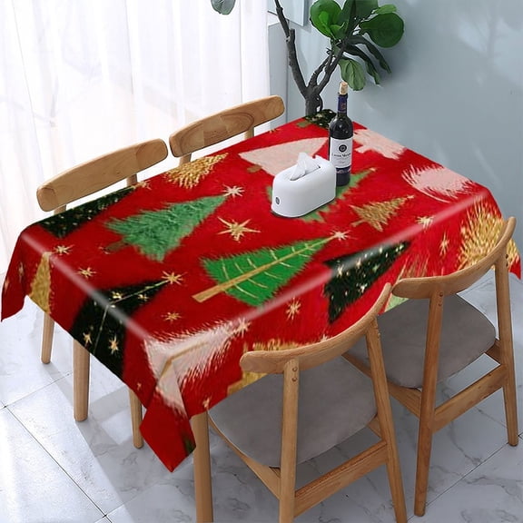 RKSupls Colorful Christmas Tree Red Rectangle Dining Tablecloth, Washable Wipeable Stain & Wrinkle Resistant Polyester Tablecloth for Kitchen Picnic Party