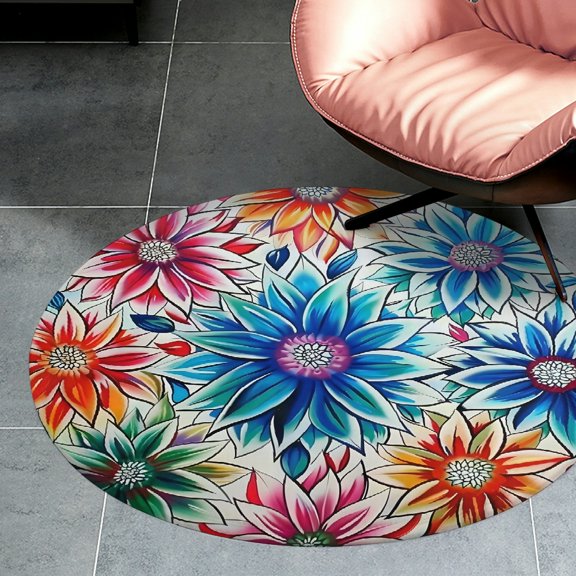 RKSupls Colorful Detailed Dahlia Round Flannel Floor Mat, Soft Non-Slip Washable Rug suitable for Living Room Bedroom Nursery, Decorative Floor Rug