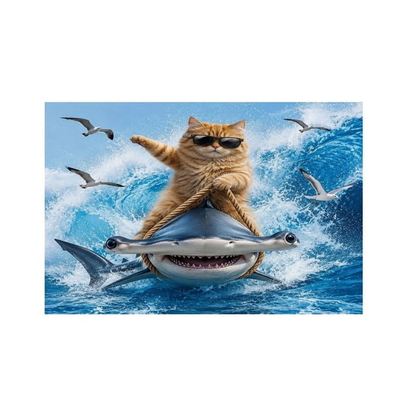 RKSupls Cool Cat Riding Hammerhead Shark Linen Placemats 30x45cm Straight Edge Stain Resistant Washable Non-Slip Table Mats Table for Kitchen Dining Room Home