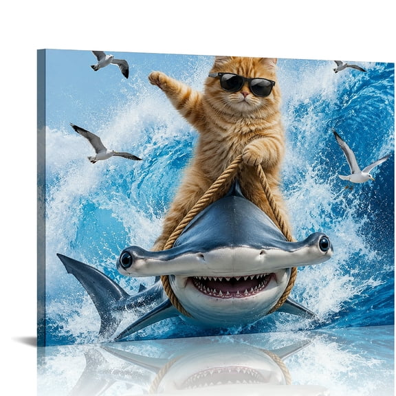 RKSupls Cool Cat Riding Hammerhead Shark Modern Wall Decor, Wall Art Canvas Print, Ready to Hang Bathroom Bedroom Kitchen Hallway Wall Decor Prints