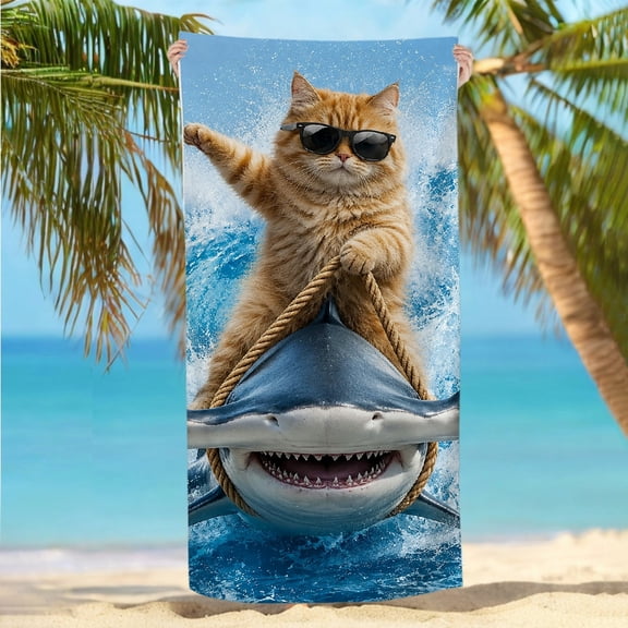 RKSupls Cool Cat Riding Hammerhead Shark Oversized Microfiber Beach Towel, Ultra-Soft Microfiber Machine Washable Ideal for Bathroom beach yoga