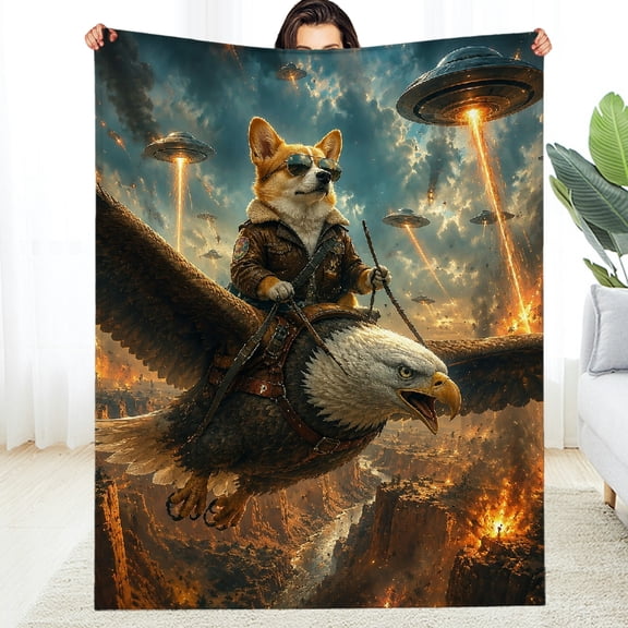 RKSupls Corgi Aviator Riding Giant Eagle Decorative Blanket, Cozy Lightweight Fuzzy Bedding for the Couch, Soft Throw for Couch, Travel, Camping