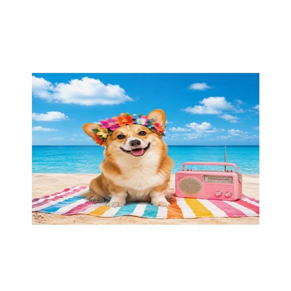 RKSupls Corgi Beach Flower Crown Radio Linen Placemats 30x45cm Straight Edge Stain Resistant Washable Non-Slip Table Mats Table for Kitchen Dining Room Home