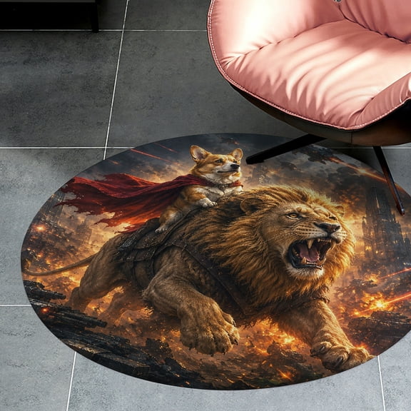 RKSupls Corgi Superhero Riding Lion   Round Flannel Floor Mat, Soft Non-Slip Washable Rug  suitable for Living Room Bedroom Study, Decorative Floor Rug