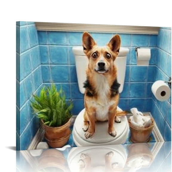 RKSupls Corgi Toilet Bathroom Mess Funny Canvas Wall Art, Canvas Prints Wall Art for Living Room Bedroom Entryway Office, Art Print Painting for Home Decor,16x12in