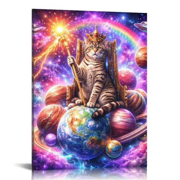 RKSupls Cosmic Cat King Throne Crown Canvas Wall Art,  Ready to Hang,  Modern Art Bathroom Bedroom Kitchen Staircase Wall Decor Prints