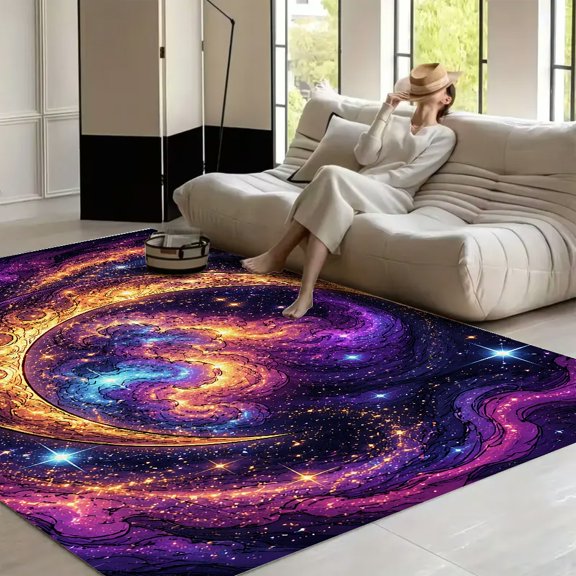 RKSupls Cosmic Crescent Moon Galaxy Nebula Soft Fluffy Velvet Area Rug for Living Room Bedroom, Non-Slip Washable Carpet, Modern Minimalist Home Decor Floor Mat