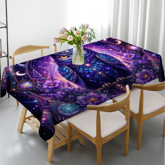 RKSupls Cosmic Owl Lavender Moon Rectangle Tablecloth, Polyester Tablecloths - Kitchen Accessories Rectangle Tablecloth, Ideal for Kitchen Picnic Party