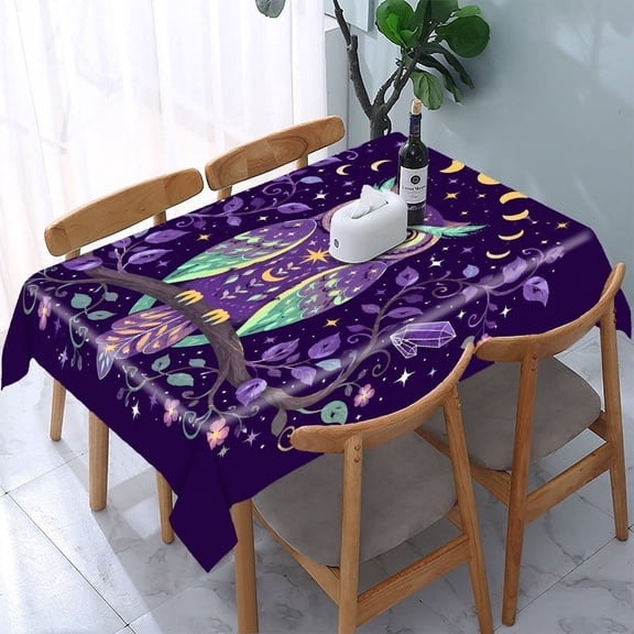 RKSupls Cosmic Owl Moon Rectangle Dining Tablecloth, Washable Wipeable Stain & Wrinkle Resistant Polyester Tablecloth for Kitchen Picnic Party