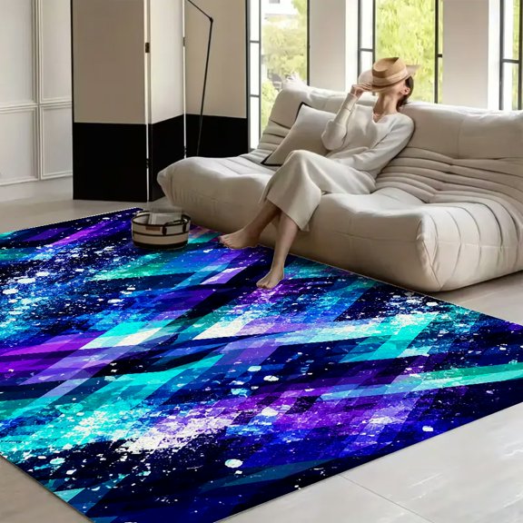 RKSupls 4x3ft Cosmic Purple Blue Geometric Abstract Soft Fluffy Velvet Area Rug for Living Room Bedroom, Non-Slip Washable Carpet, Chic Minimalist Home Decor