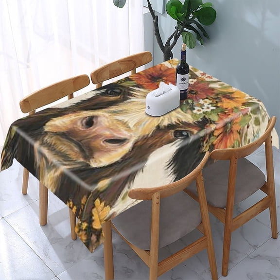 RKSupls Cow Flower Crown Rectangle Dining Tablecloth, Washable Wipeable Stain & Wrinkle Resistant Polyester Tablecloth for Kitchen Picnic Party