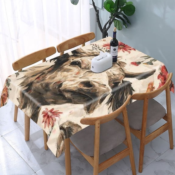 RKSupls Cow Flowers Pattern Rectangle Dining Tablecloth, Washable Wipeable Stain & Wrinkle Resistant Polyester Tablecloth for Kitchen Picnic Party