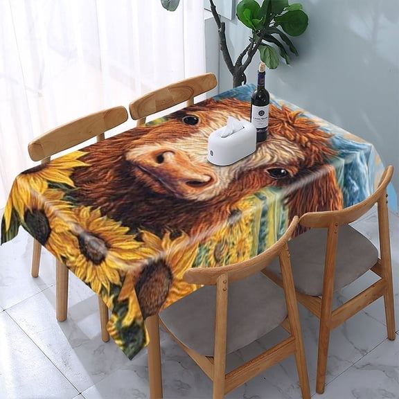 RKSupls Cow Sunflower Field Rectangle Dining Tablecloth, Washable Wipeable Stain & Wrinkle Resistant Polyester Tablecloth for Kitchen Picnic Party