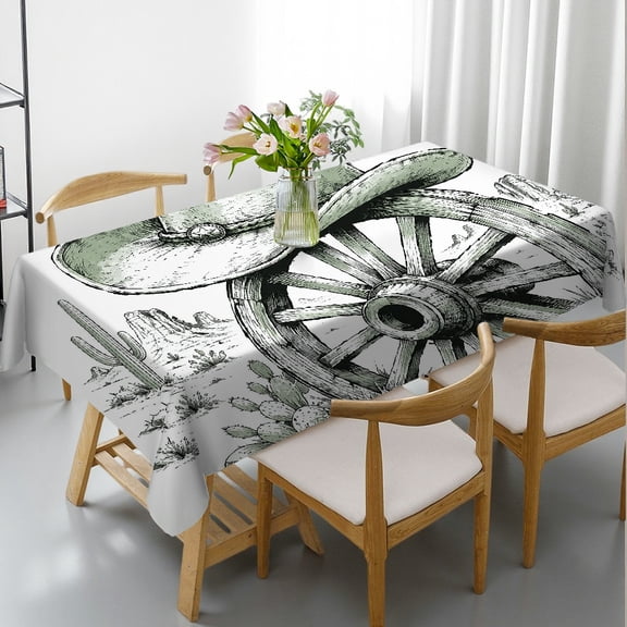 RKSupls Cowboy Hat Wagon Wheel Sketch Rectangle Tablecloth, Polyester Tablecloths - Holiday Party Tablecloth Rectangle Tablecloth, Ideal for Kitchen Picnic Party