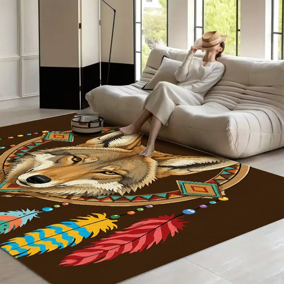 RKSupls Coyote Native Dreamcatcher Feathers Soft Fluffy Velvet Area Rug for Living Room Bedroom, Non-Slip Washable Carpet, Modern Minimalist Home Decor Floor Mat