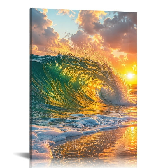 RKSupls Crashing Wave Golden Sunset  Ready to Hang, Canvas Wall Art,  Canvas Print Bathroom Bedroom Kitchen Staircase Wall Decor Prints