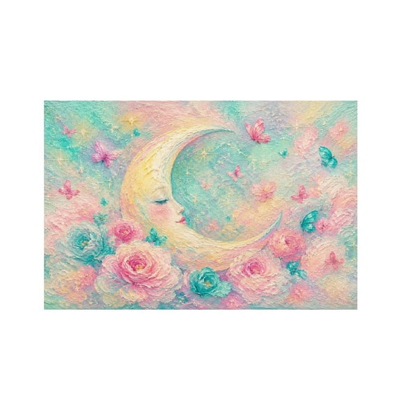RKSupls Crescent Moon Face Floral Fantasy Linen Placemats 30x45cm Straight Edge Stain Resistant Washable Non-Slip Table Mats Table for Kitchen Dining Room Home