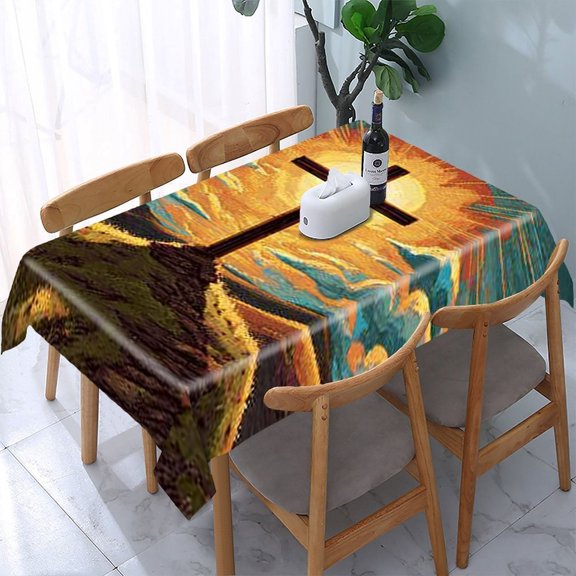 RKSupls Cross Sunset Sky Rectangle Dining Tablecloth, Washable Wipeable Stain & Wrinkle Resistant Polyester Tablecloth for Kitchen Picnic Party