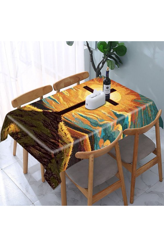 Cross Sunset Sky Rectangle Dining Tablecloth, Washable Wipeable Stain & Wrinkle Resistant Polyester Tablecloth for Kitchen Picnic Party