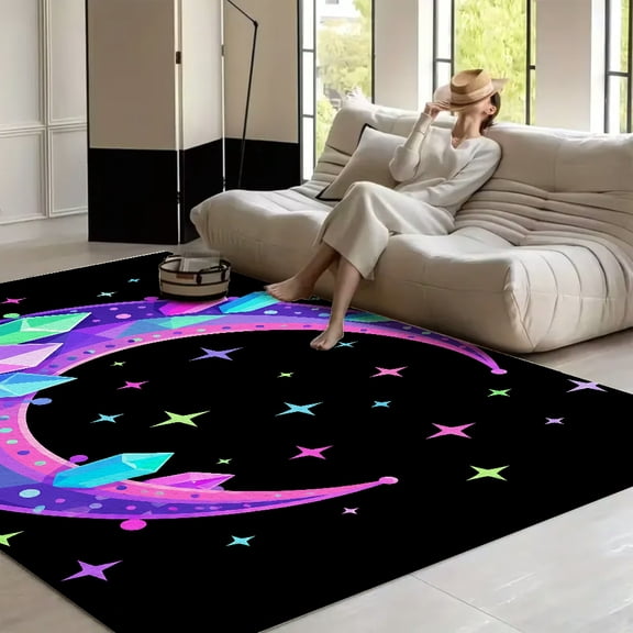 RKSupls Crystal Crescent Moon Stars  Soft Fluffy Velvet Area Rug   for Living Room Bedroom, Non-Slip Washable Carpet, Modern Minimalist Home Decor Floor Mat