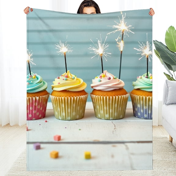 RKSupls Cupcake Sparkler Birthday Party Sweet Soft Flannel Throw Blanket, Lightweight Fuzzy Warm Cozy Blanket for Couch Bed Home Travel Decor