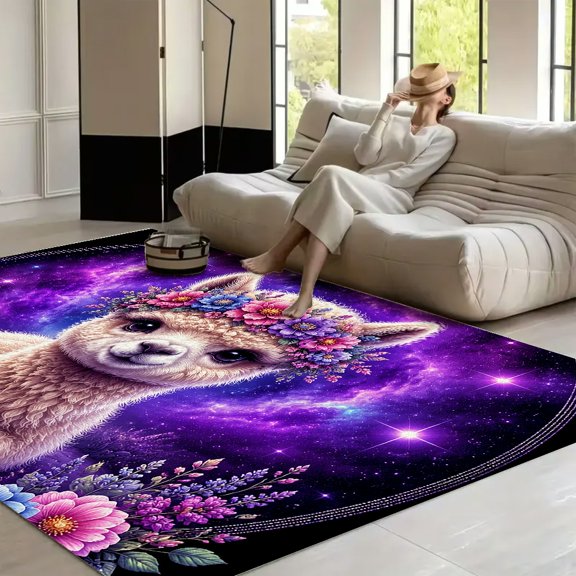 RKSupls Cute Alpaca Flower Crown Galaxy Night  Soft Fluffy Velvet Area Rug   for Living Room Bedroom, Non-Slip Washable Carpet, Modern Minimalist Home Decor Floor Mat