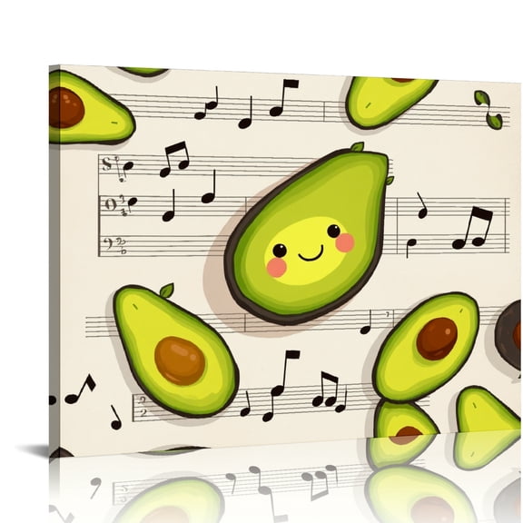 RKSupls Cute Avocado Music Notes Canvas Wall Art, Playful Kitchen Wall Decor Print, Modern Artwork for Living Room Bedroom Office Home Decor