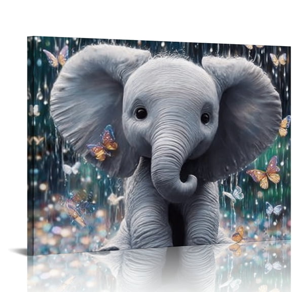 RKSupls Cute Baby Elephant Rain Butterfly Canvas Wall Art, Canvas Prints Wall Art for Living Room Bedroom Entryway Office, Art Print Painting for Home Decor
