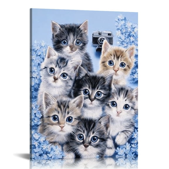 RKSupls Cute Cat Floral Canvas Wall Art, Canvas Prints Wall Art for Living Room Bedroom Bathroom Office, Art Print Painting for Home Decorations,12x16in