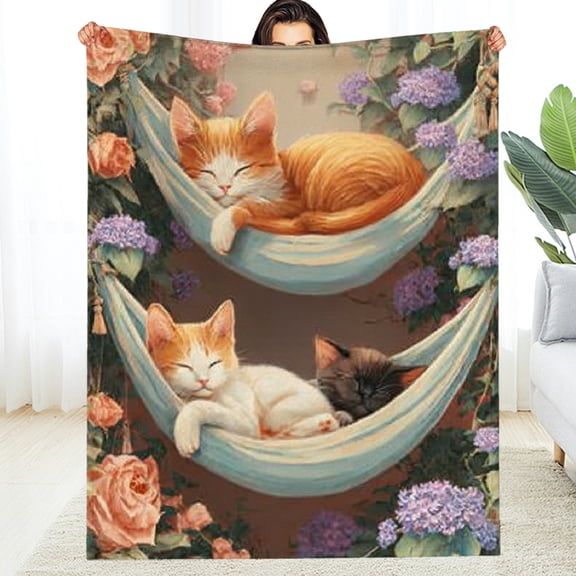 RKSupls Cute Cat Hammock Flower Throw Blanket, Soft Warm Lightweight Flannel Throw Blanket for Couch, Bed, Outdoor, Cozy Fluffy Fuzzy Blankets for Women Boys Girls, Home Decor, 30*40in