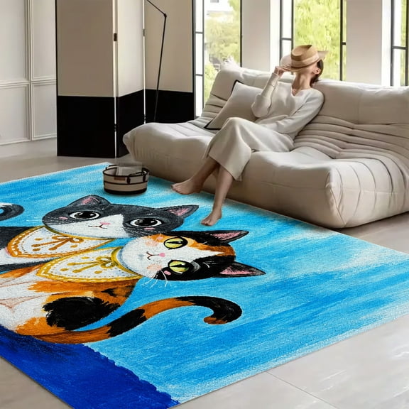 RKSupls Cute Ginger Catin Yellow Sweater Soft Fluffy Velvet Area Rug for Living Room Bedroom, Non-Slip Washable Carpet, Modern Minimalist Home Decor Floor Mat