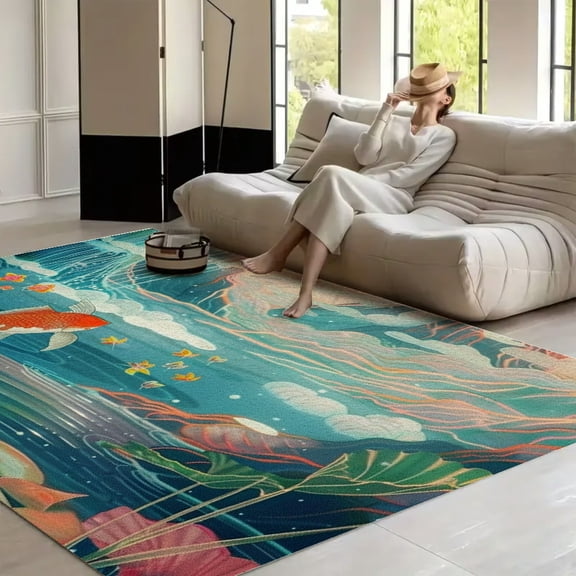 RKSupls Cute Japanese Koi Fish Blooming Flowers Soft Fluffy Velvet Area Rug for Living Room Bedroom, Non-Slip Washable Carpet, Modern Minimalist Home Decor Floor Mat